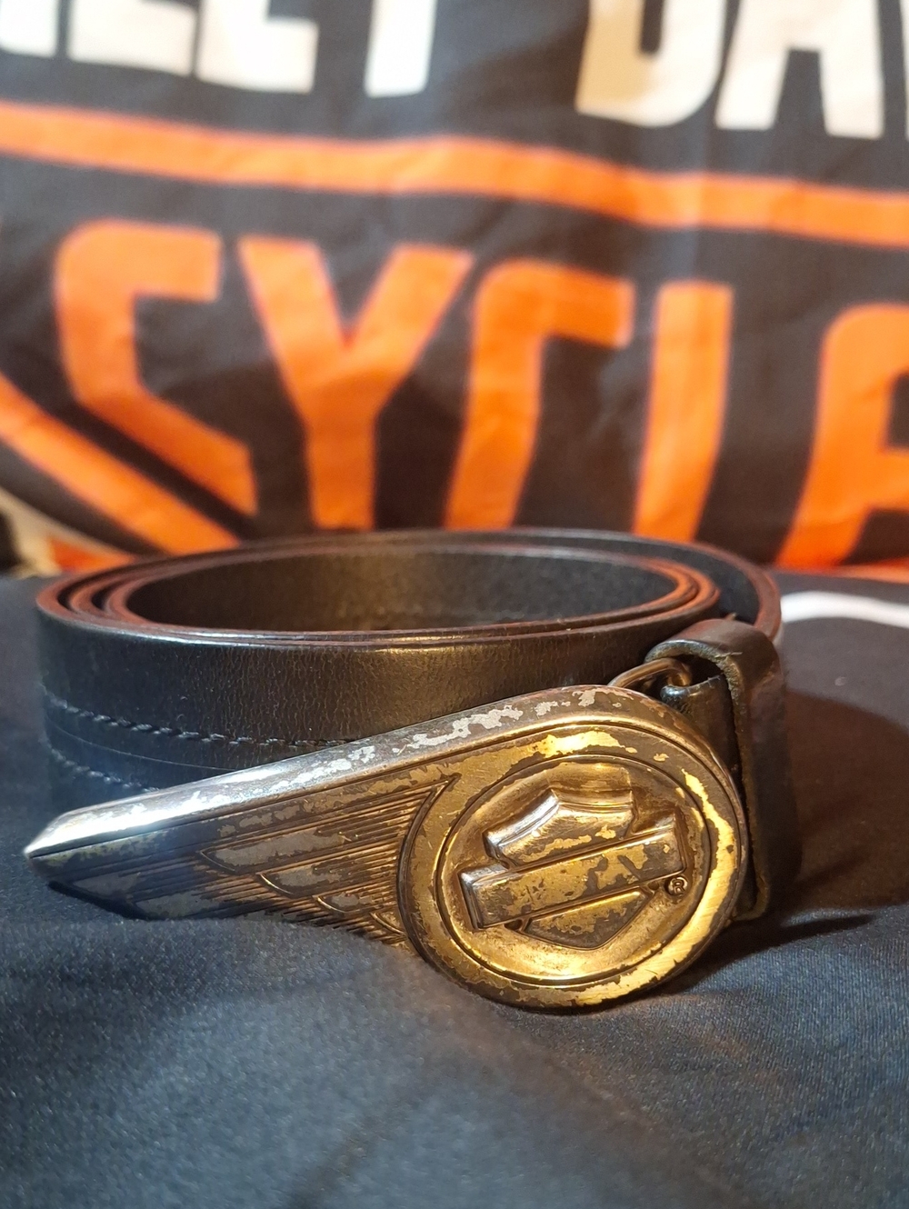 Vintage Harley Davidson Black Leather Belt with Silver-tone Winged Buckle